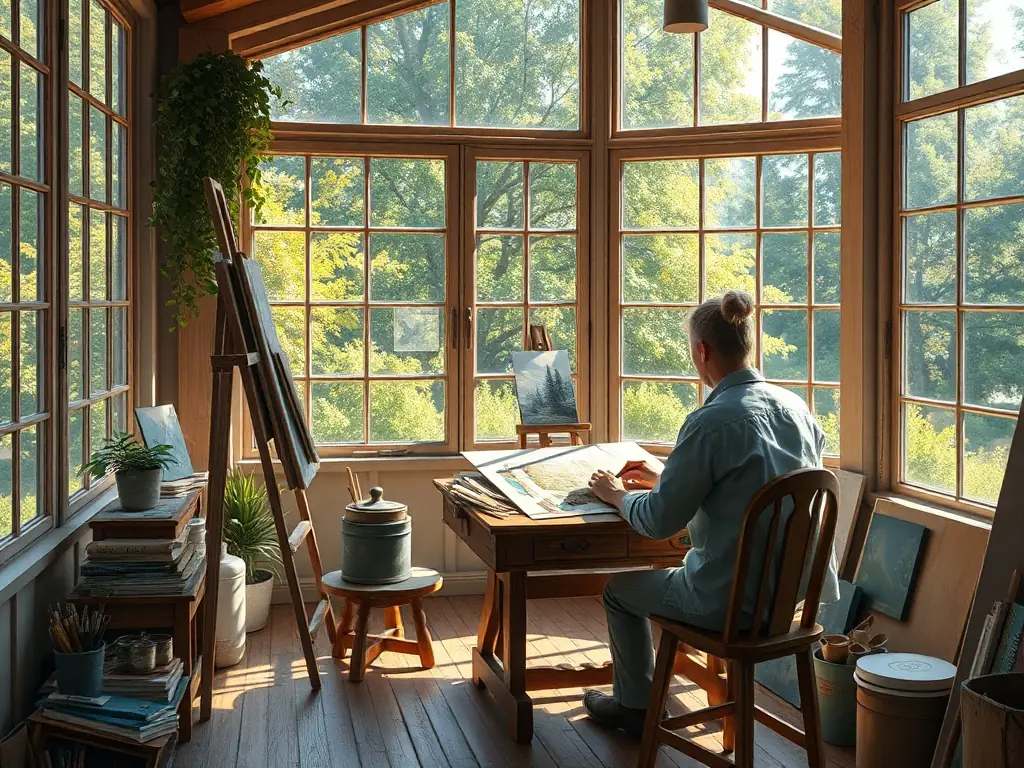 An image of an artist working in a serene studio surrounded by natural scenery, highlighting the peaceful environment of the residency.