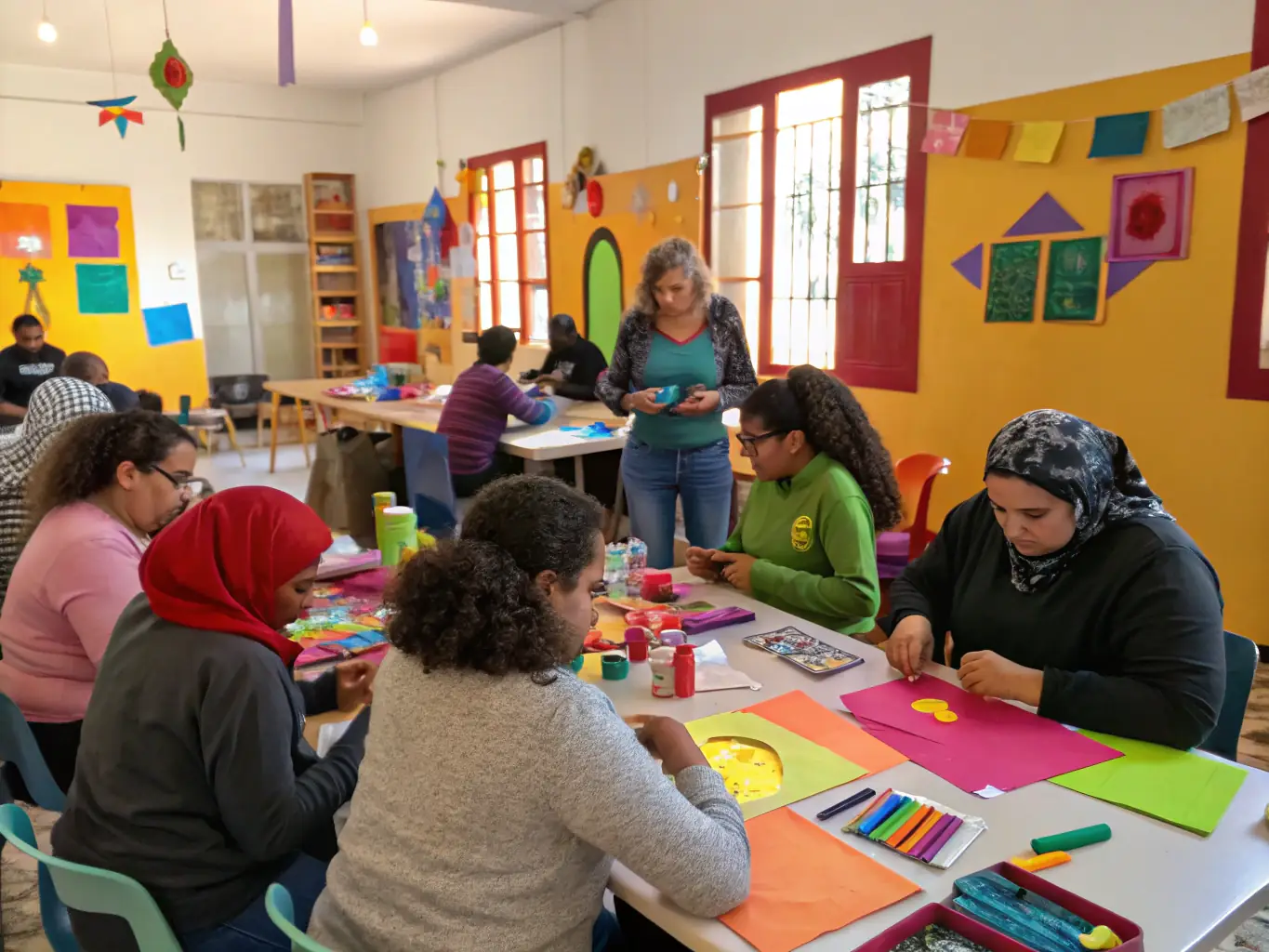 A vibrant image of a community workshop with participants engaging in hands-on artistic activities, illustrating active learning and participation.