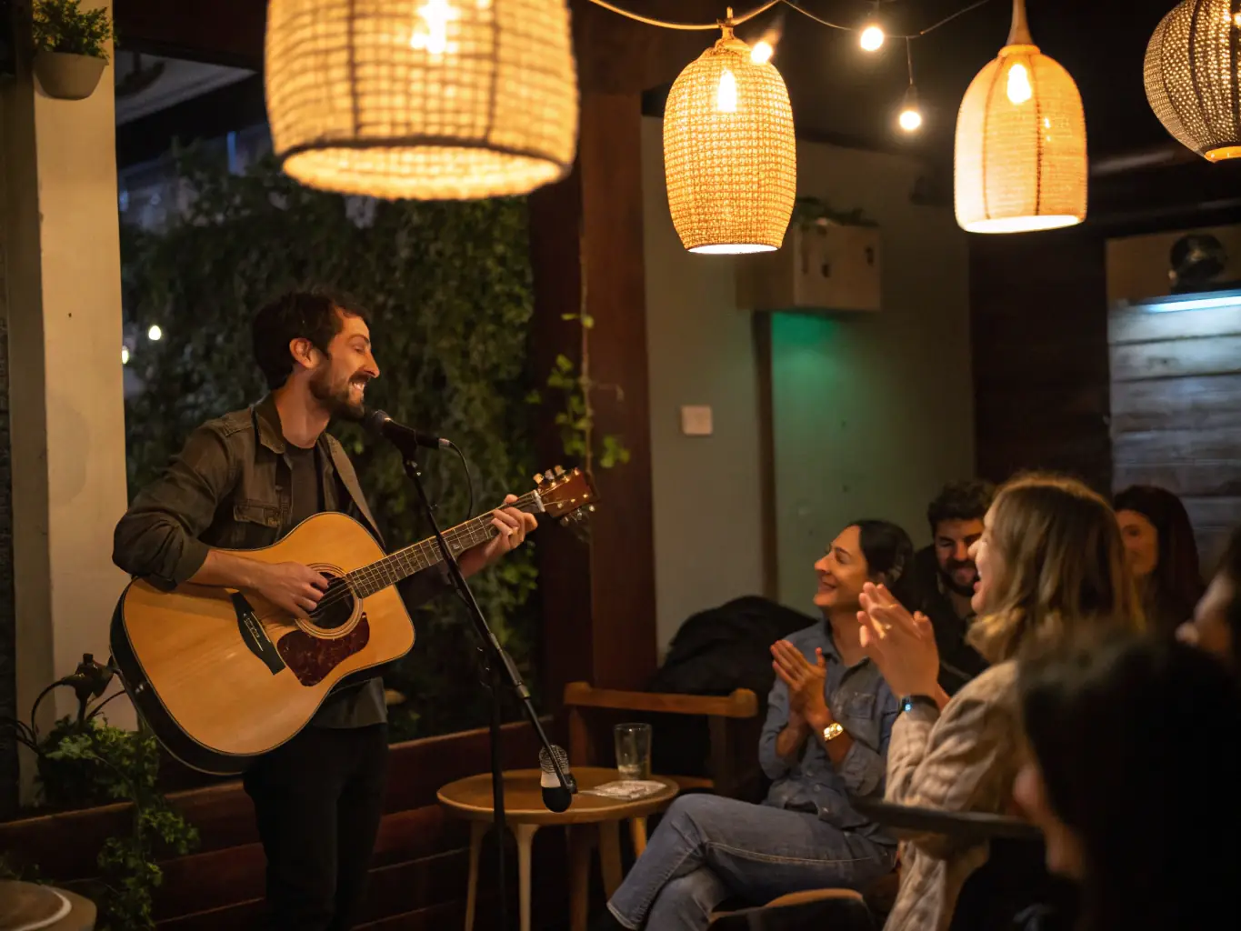 A vibrant photograph capturing a live musical performance in a cozy, intimate setting, showcasing musicians passionately engaged with their instruments and an attentive audience enjoying the music.