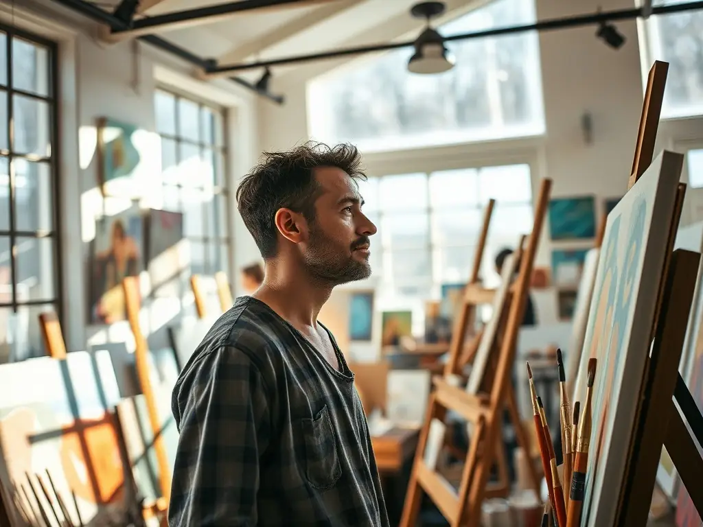 A serene image of an artist working in their studio during a residency program hosted by CH' A RENTE PAR LES OREILLES. The artist is surrounded by their tools and materials, with natural light streaming in, creating an atmosphere of creativity and focus.