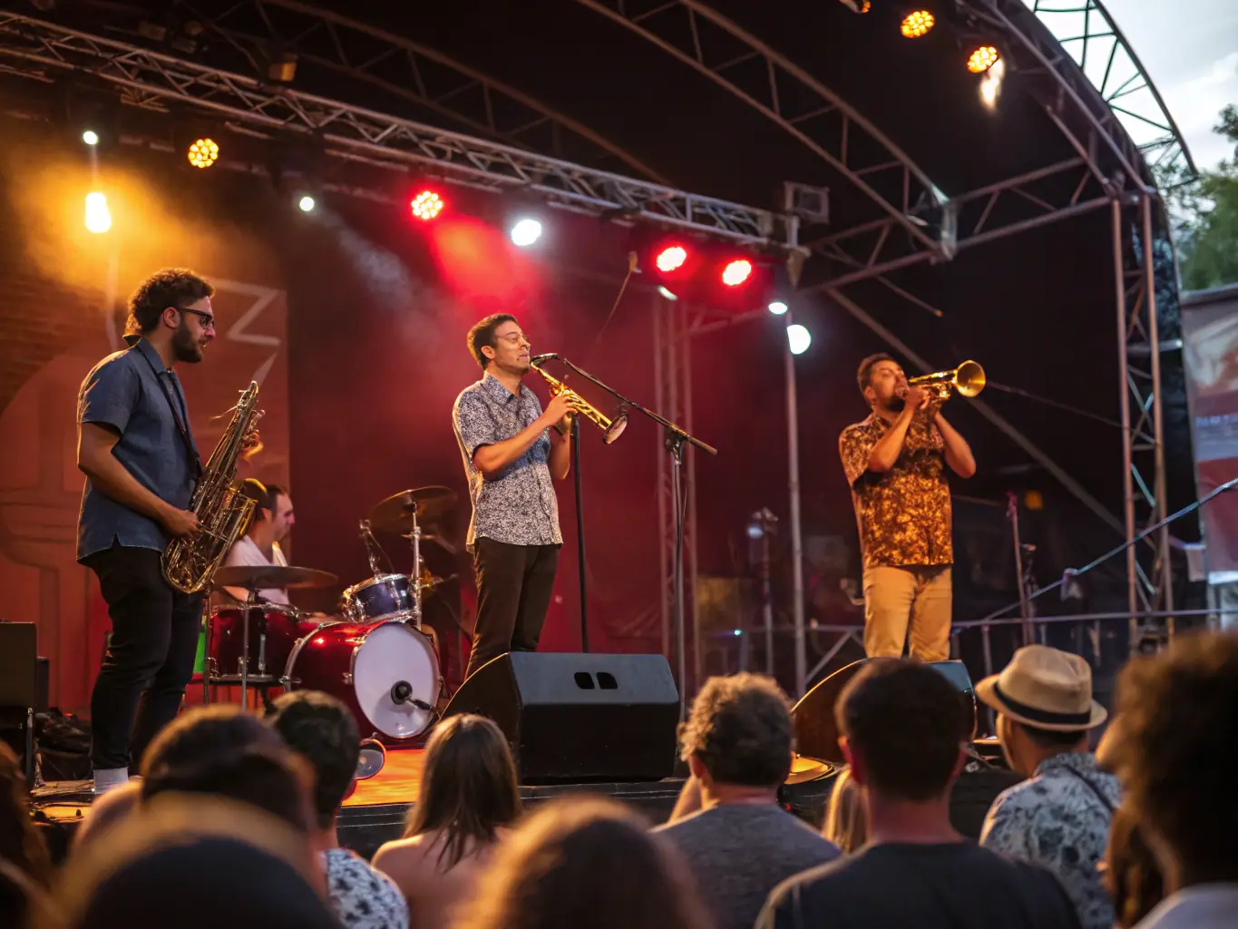 A vibrant photograph capturing a live performance event organized by CH' A RENTE PAR LES OREILLES, showcasing musicians on stage with an engaged audience in an intimate setting. The image should convey the energy and cultural richness of the event.