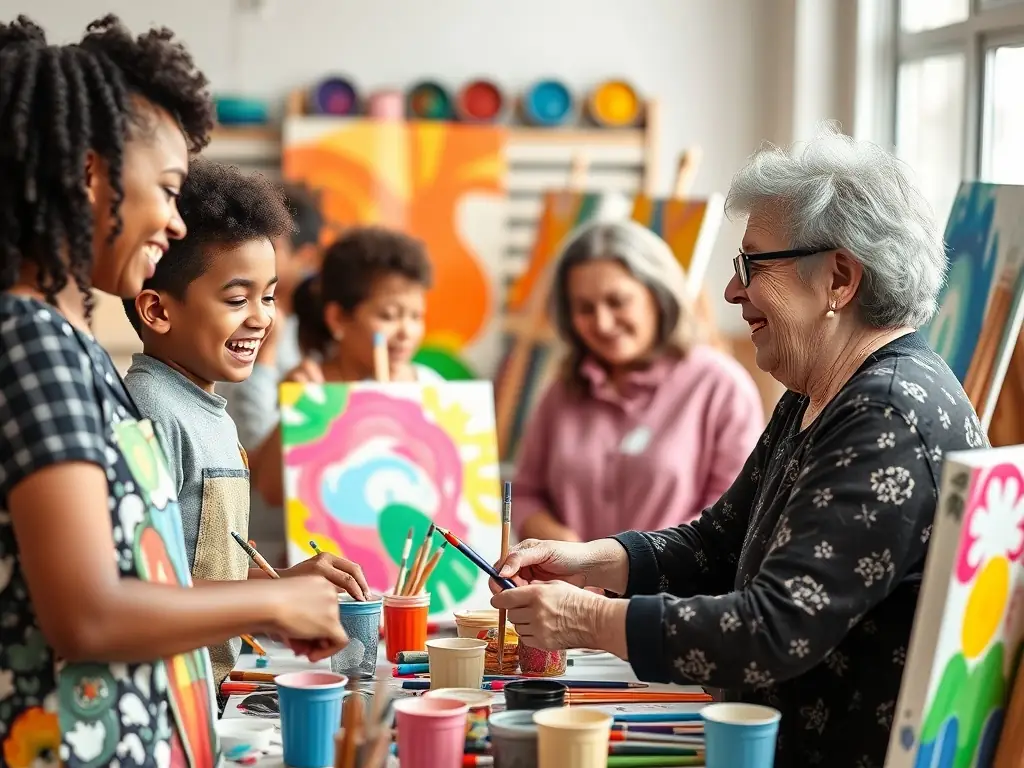 A group of diverse individuals participating in an interactive art workshop, with paintbrushes in hand and smiles on their faces, illustrating the joy and collaborative spirit of cultural education.