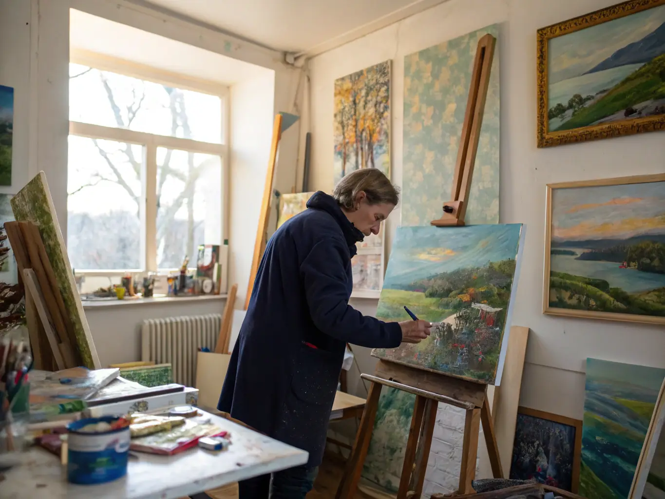 A serene image of an artist working in a studio, surrounded by art supplies and natural light, capturing the creative process and the peaceful atmosphere of an artist residency.