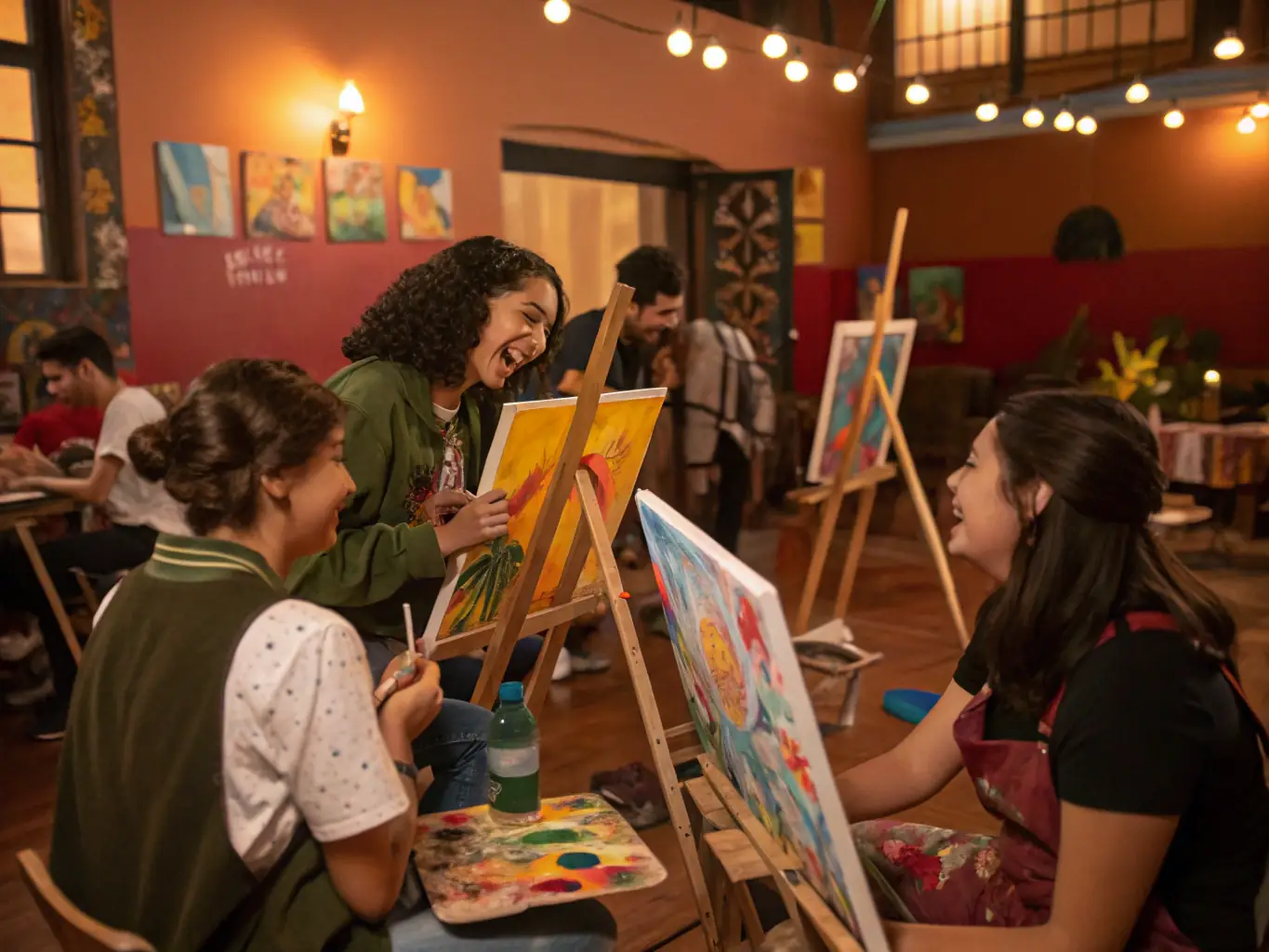 A dynamic photograph of participants engaged in a cultural education workshop organized by CH' A RENTE PAR LES OREILLES. The image captures people of different ages and backgrounds actively participating in an art-related activity, fostering a sense of community and learning.